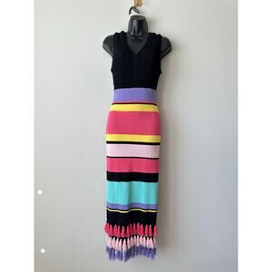 Vintage Y2K colorful stripe knit tassel fringe midi dress bodycon vacation